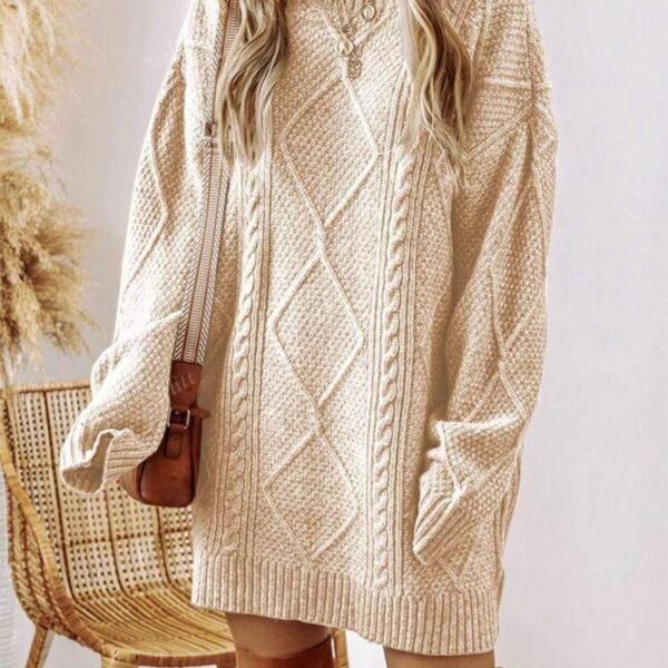 Autumn/Winter Women's Solid Color Knitted Textured Pattern Dropped Shoulder Oversized Sweater Dress