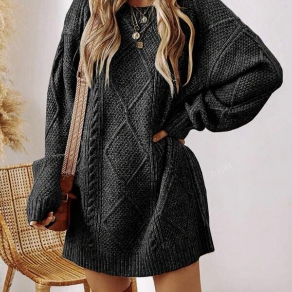 Autumn/Winter Women's Solid Color Knitted Textured Pattern Dropped Shoulder Oversized Sweater Dress